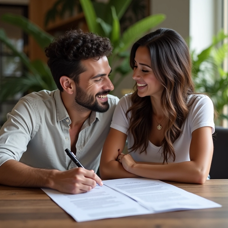 Casal sorrindo assinando papéis de casamento, representando transformação da união estável em casamento.