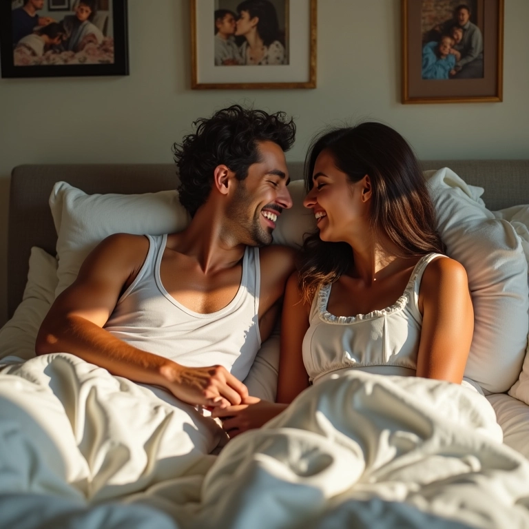 Casal sorrindo em quarto decorado com fotos que contam sua história.