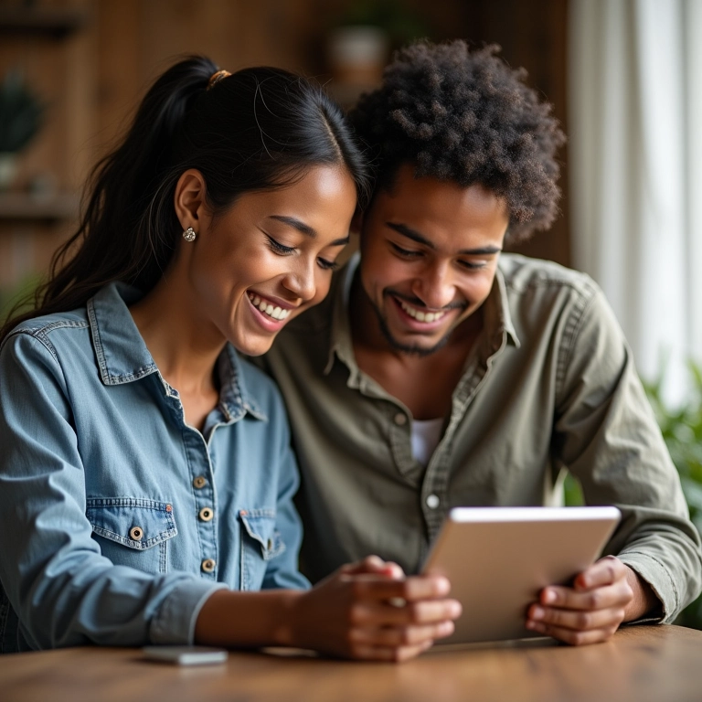 Casal sorrindo olhando plano de saúde em tablet, representando inclusão como dependentes.