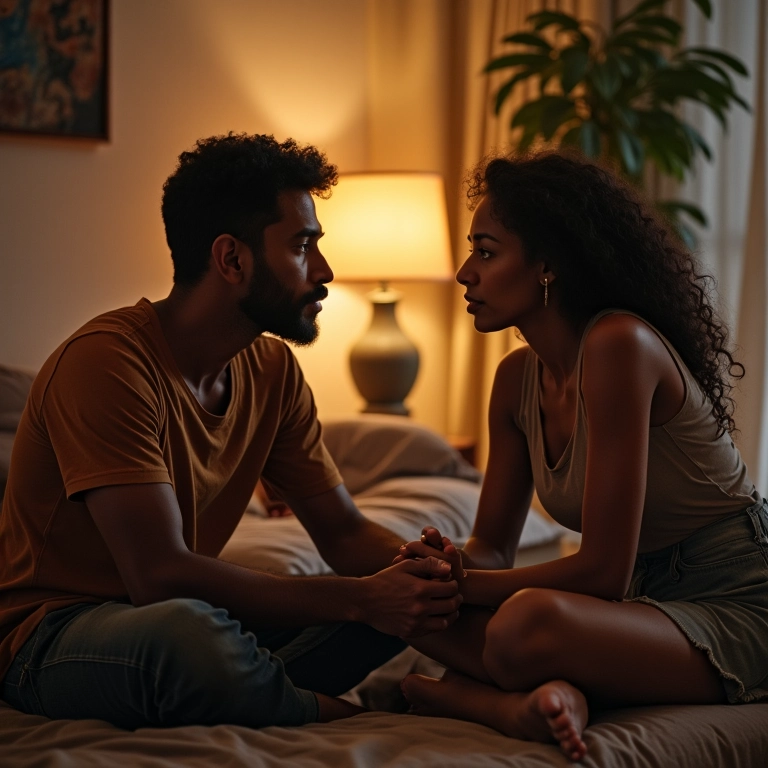 Casal tendo conversa séria, representando desafios de relacionamento no Mercúrio retrógrado.