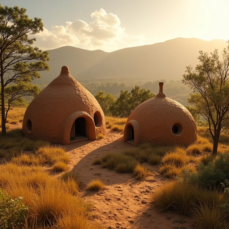 Casas de taipa rústicas no interior do Brasil sob a luz do sol.