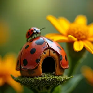 Casinha de joaninha colorida em meio a um jardim florido.