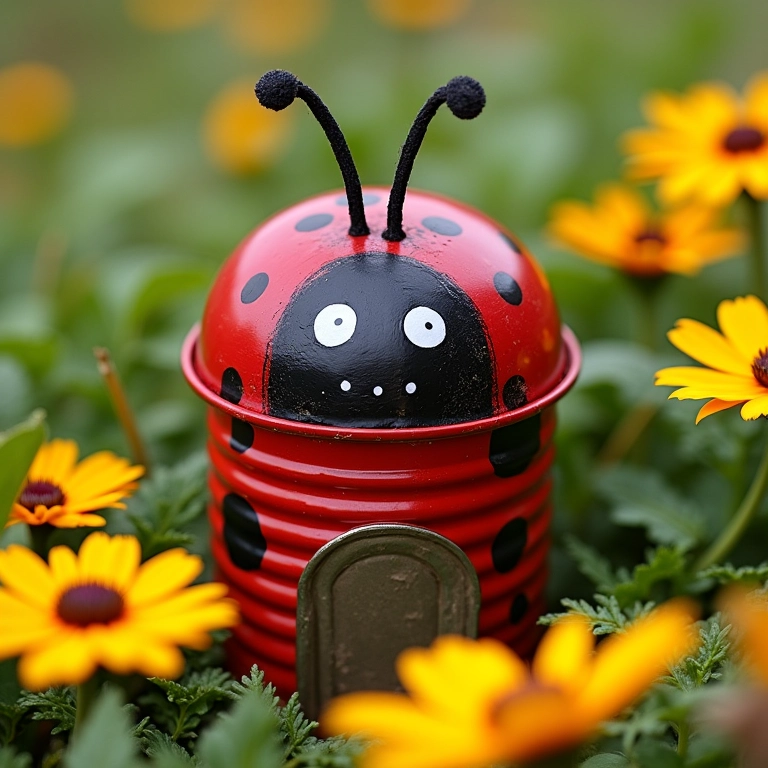 Casinha de joaninha feita com lata reciclada.