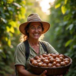 Castanheira brasileira sorrindo, colhendo castanhas em floresta, cesta cheia, luz natural.