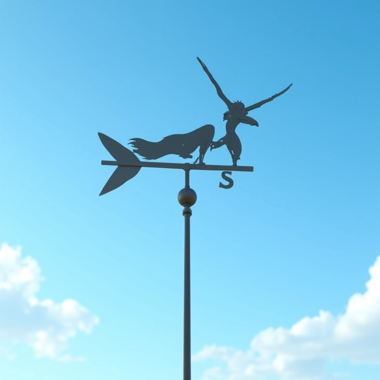 Cata-vento com o vento soprando contra o céu azul e nuvens.