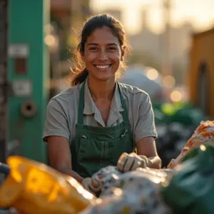 Catador de material reciclável sorrindo em centro de reciclagem ensolarado.