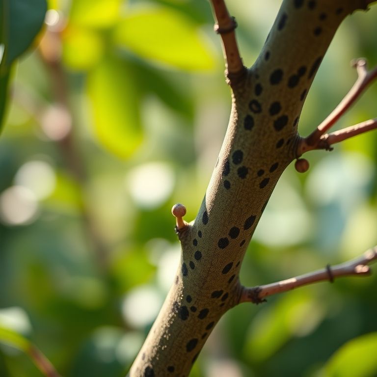 Caule manchado da taioba brava em detalhe, com luz natural.