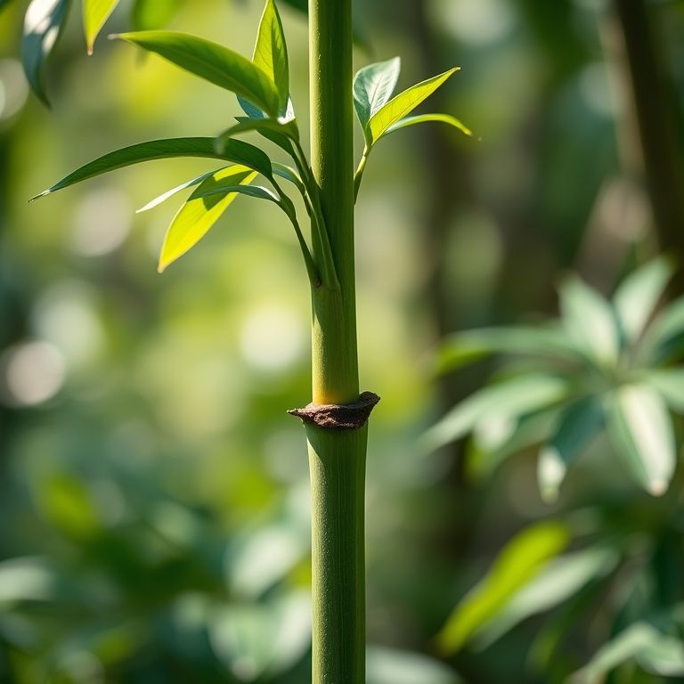 Caule verde e cilíndrico da taioba mansa em detalhe, com luz natural.