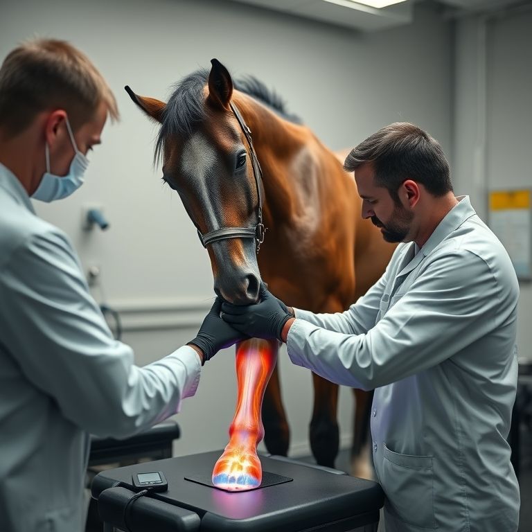 Cavalo recebendo ultrassom terapêutico na perna com fisioterapeuta veterinário.