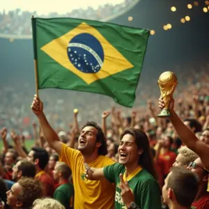 Celebração da primeira Copa do Mundo com torcedores e bandeira brasileira.