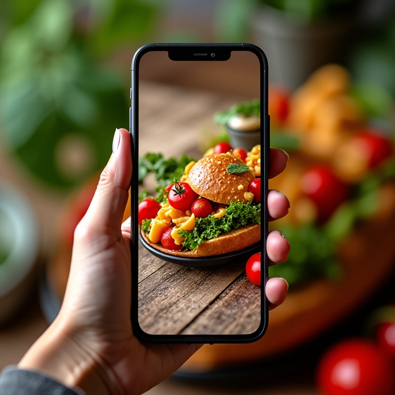 Celular exibindo divulgação de produtos alimentícios nas redes sociais.