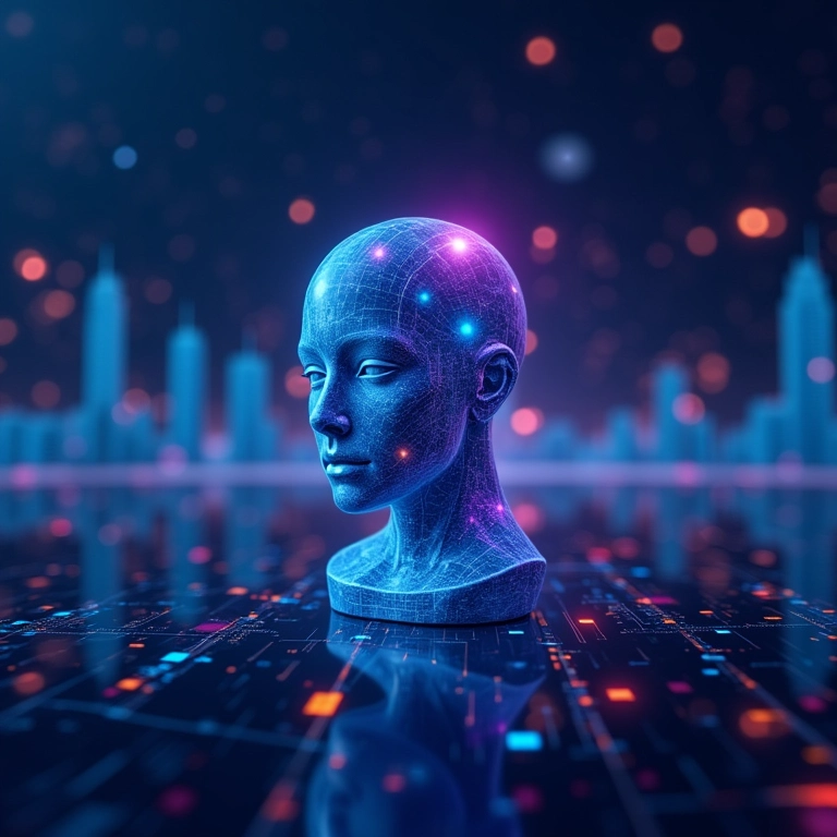 Cena de marketing digital com ícones de IA e análise de dados, representando o impacto da IA no marketing.