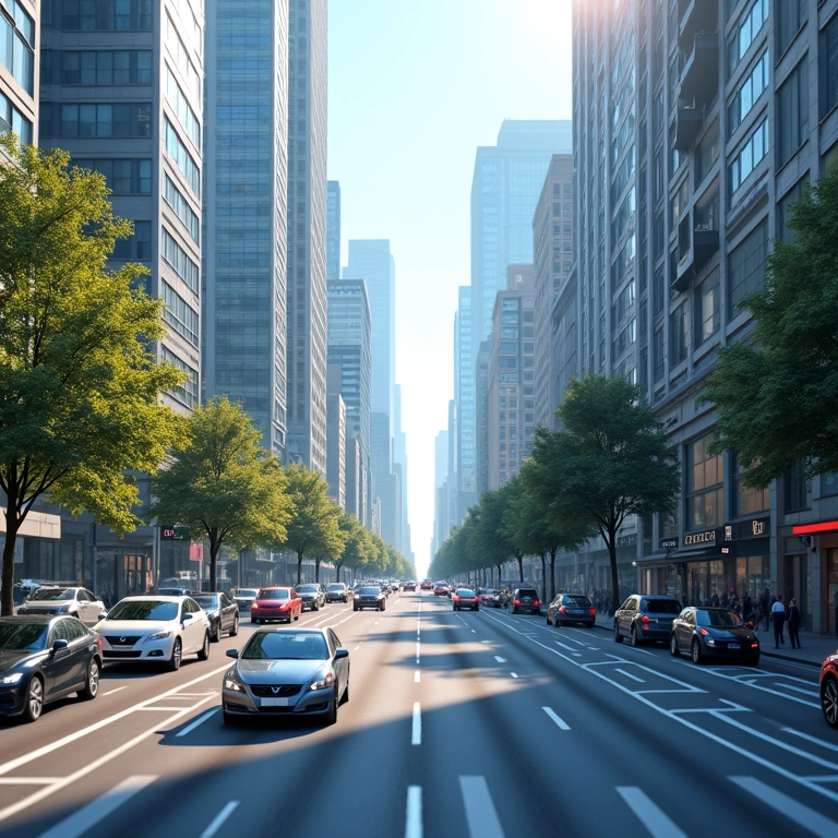 Cena de rua em cidade inteligente com veículos conectados e infraestrutura 5G.