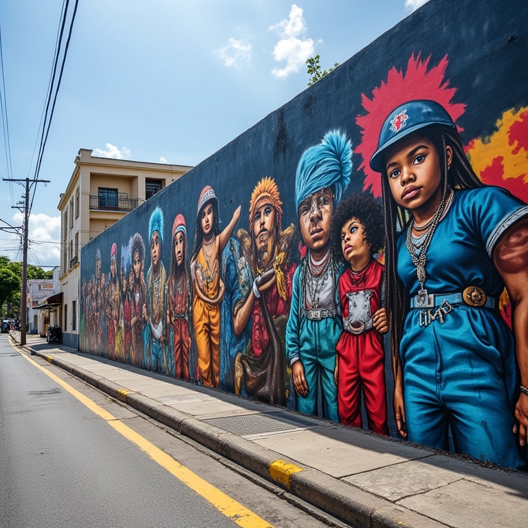 Cena de rua em San Juan, Porto Rico, com mural de grafite sobre reggaeton.