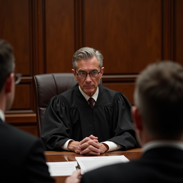 Cena de tribunal com juiz julgando caso de abuso do direito de greve.