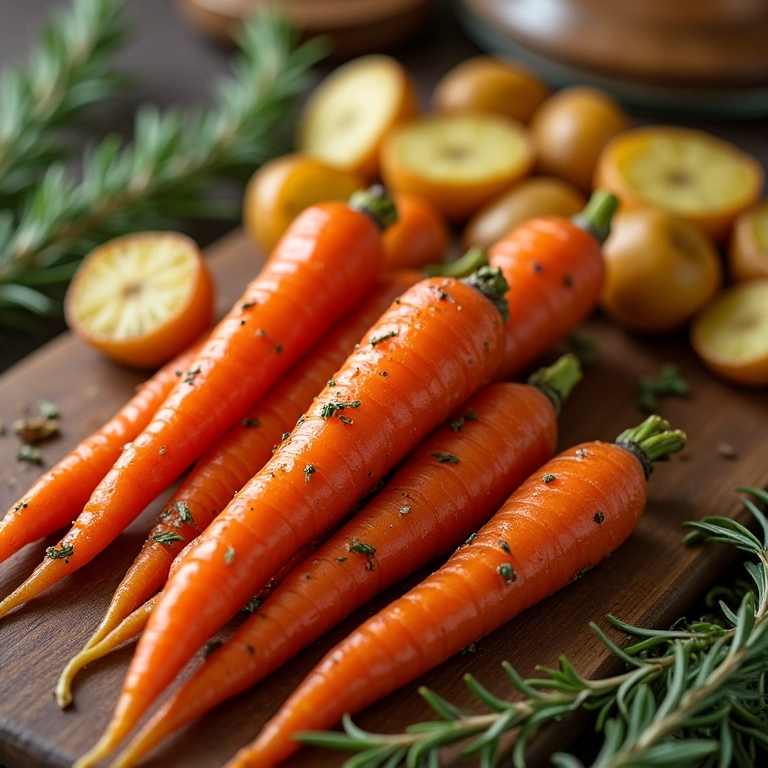 Cenoura e batata assadas com ervas finas em tábua de madeira.
