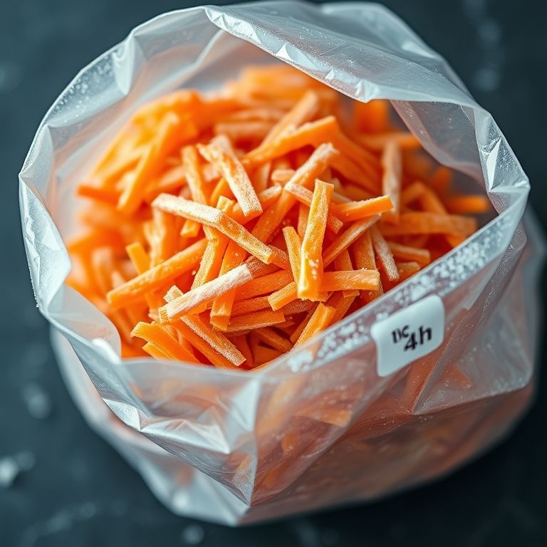 Cenoura ralada congelada em saco plástico.