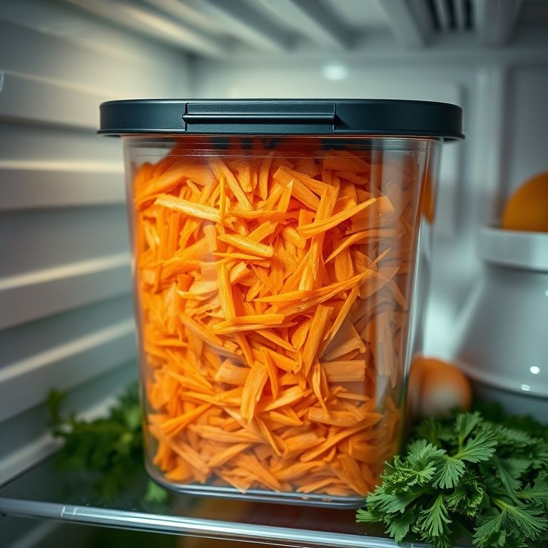 Cenoura ralada conservada em recipiente hermético na geladeira.