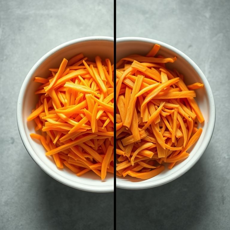 Cenoura ralada crua e cozida, comparativo.