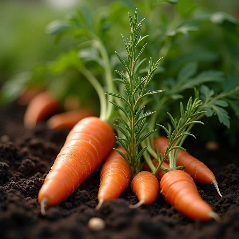 Cenouras e alecrim plantados juntos, proteção aromática contra pragas.