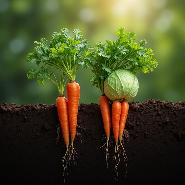 Cenouras e repolhos crescendo juntos no subsolo.