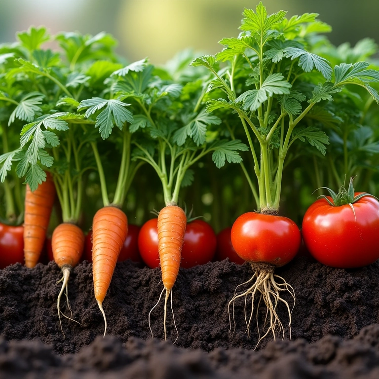 Cenouras plantadas perto de tomates, mostrando a interação das raízes.