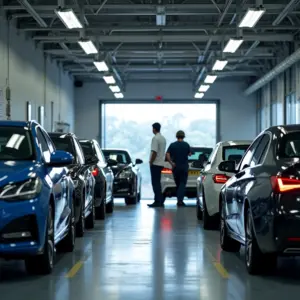 Inspeção Veicular: É Obrigatória no Brasil? Entenda Centro de inspeção veicular no Brasil, mostrando carros sendo avaliados.