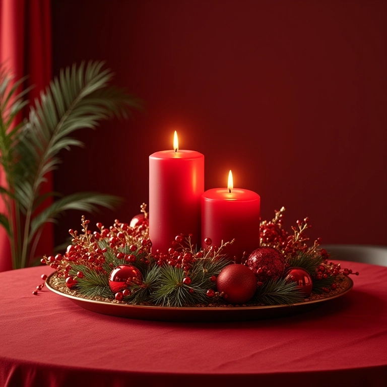 Centro de mesa natalino com velas e elementos decorativos em uma casa brasileira.