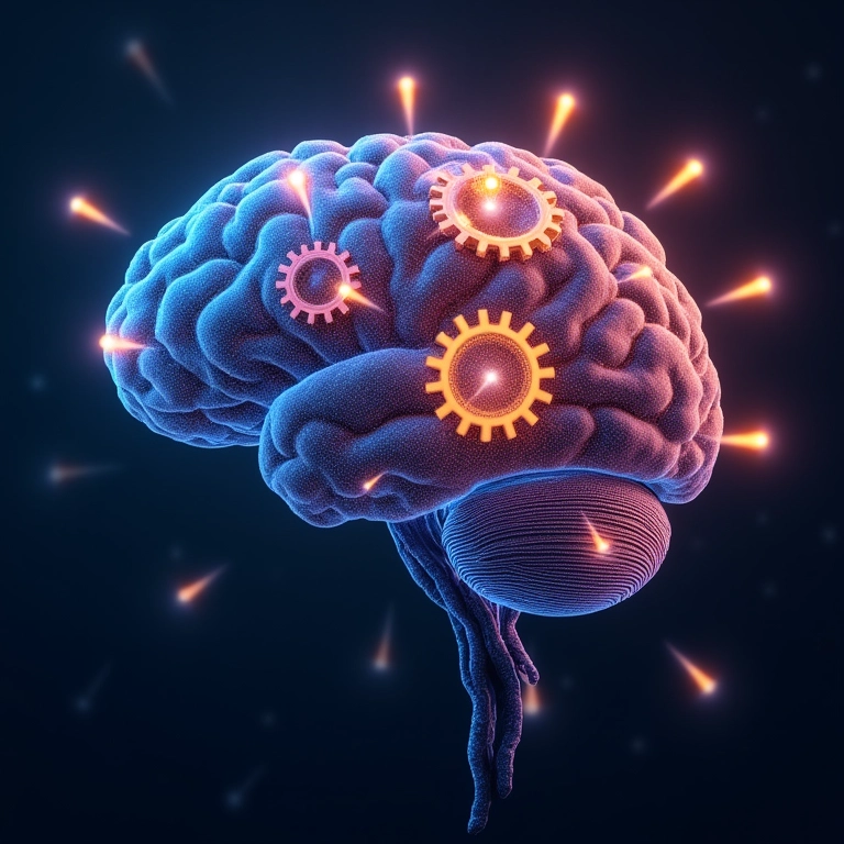 Cérebro com engrenagens girando, representando inovação constante.