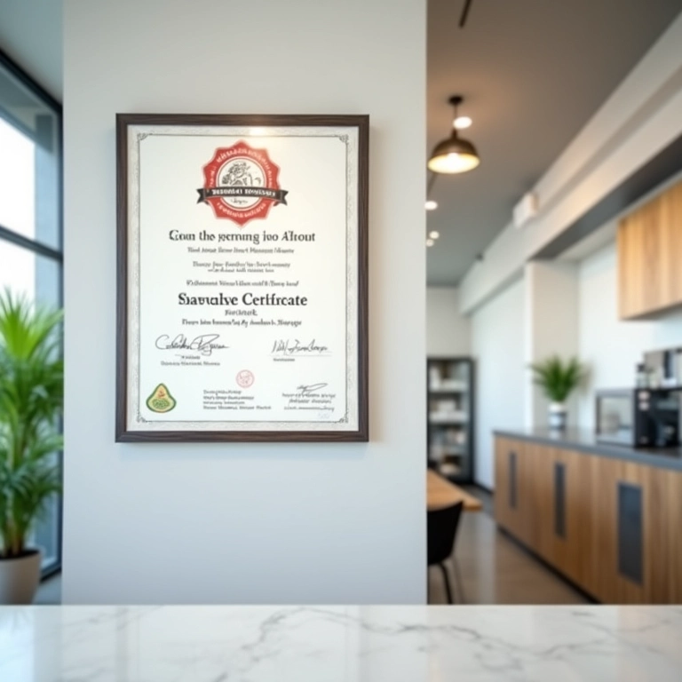 Certificado de licença sanitária em parede de negócio de alimentos.