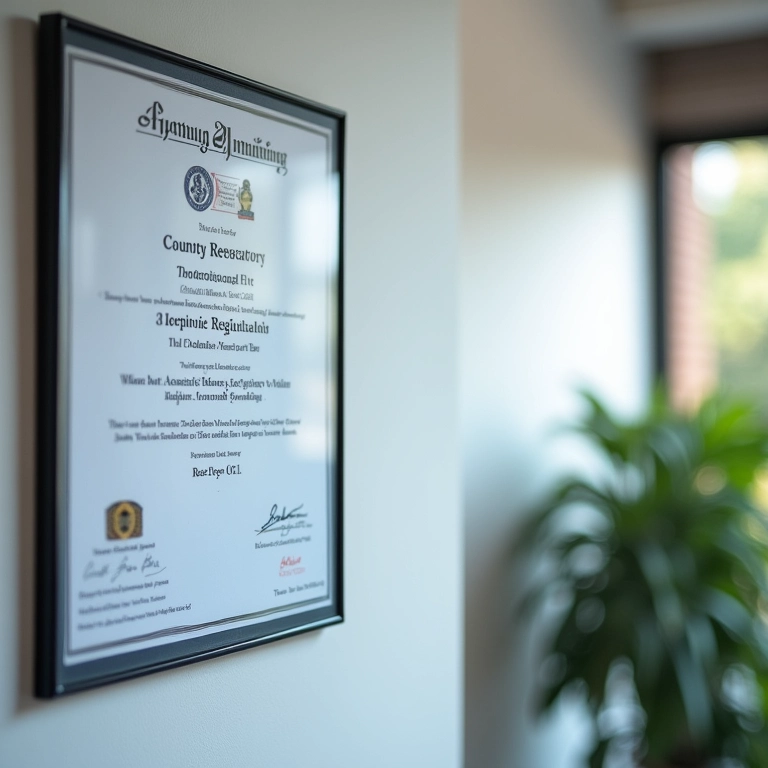 Certificado de regularidade de contador emoldurado na parede de escritório.