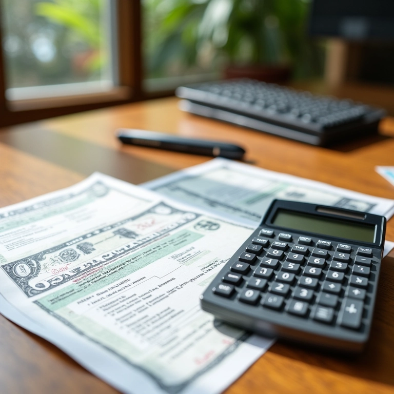 Certificados de renda fixa e calculadora sobre mesa de madeira.