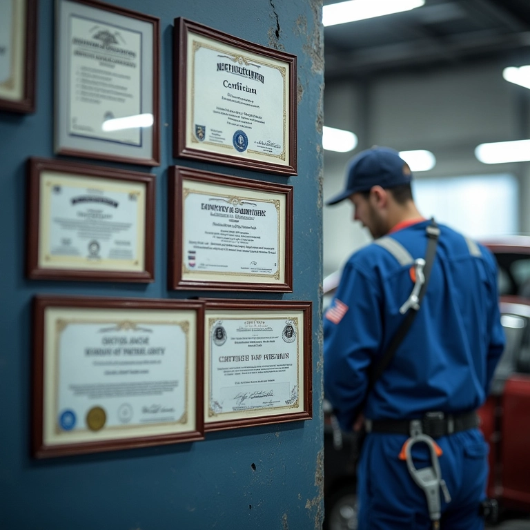 Certificados e licenças exibidos na parede de uma oficina mecânica.