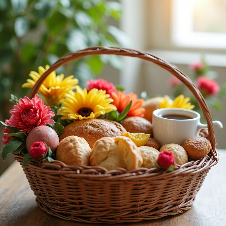 Cesta de café da manhã com flores, frutas frescas, pães e café.