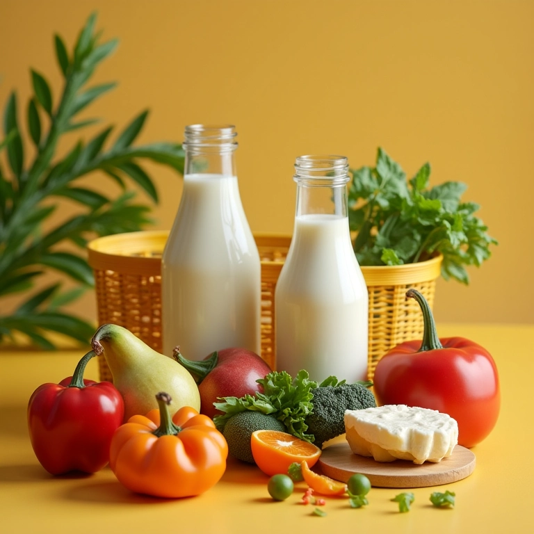 Cesta de compras vegana com leite vegetal, tofu, tempeh, legumes e frutas.