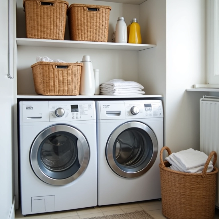 Cestos organizadores em uma lavanderia pequena e funcional.