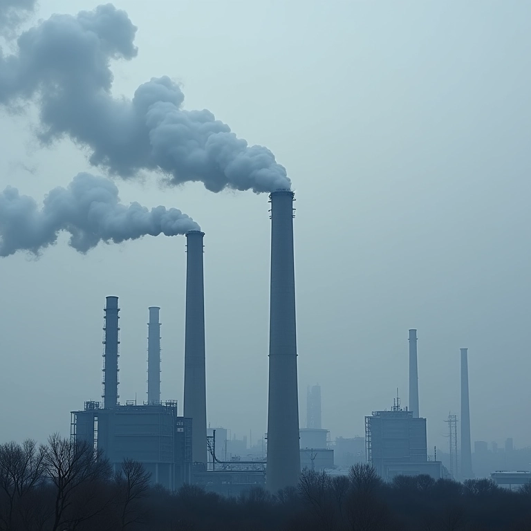 Chaminés industriais emitindo fumaça, representando a queima de combustíveis fósseis.