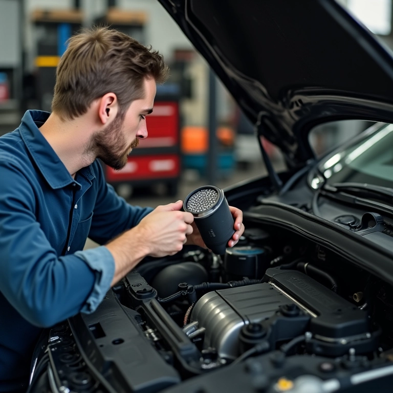 Checagem e troca do filtro de combustível durante a revisão.