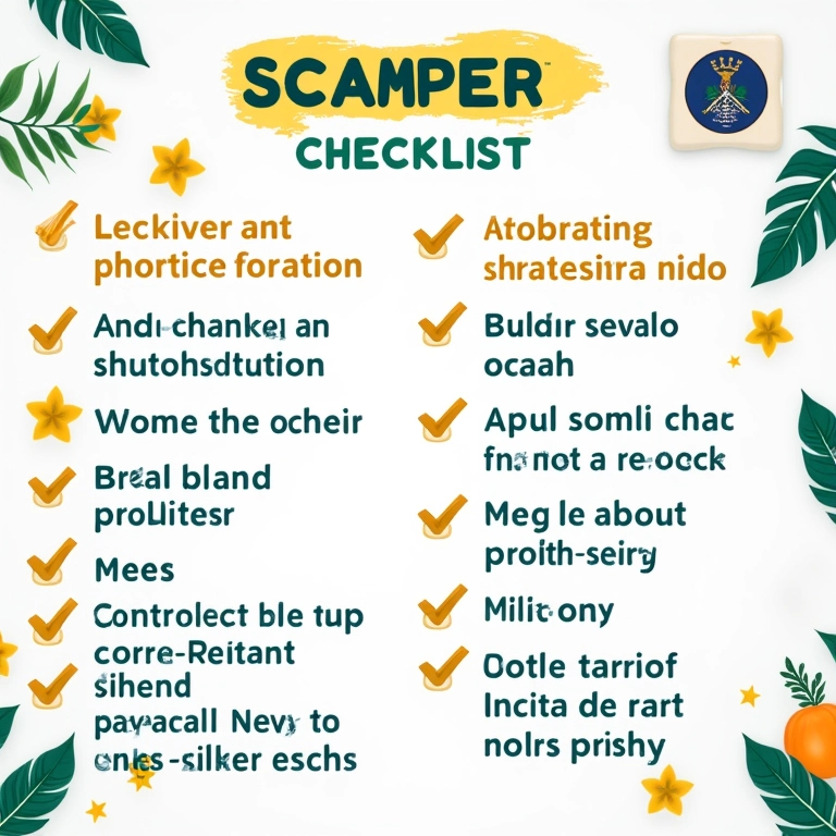 Checklist SCAMPER visualizada como infográfico vibrante.