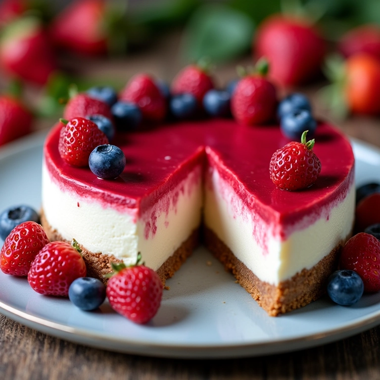 Cheesecake low carb de frutas vermelhas em prato, fatia cortada.
