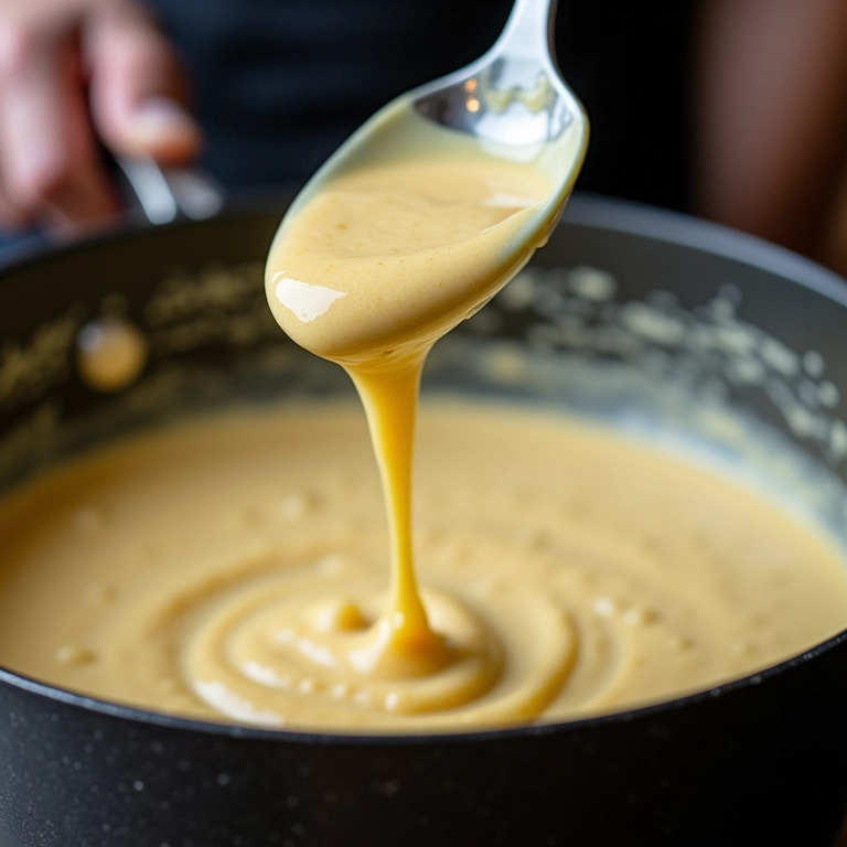 Chef adicionando requeijão a um molho branco cremoso.