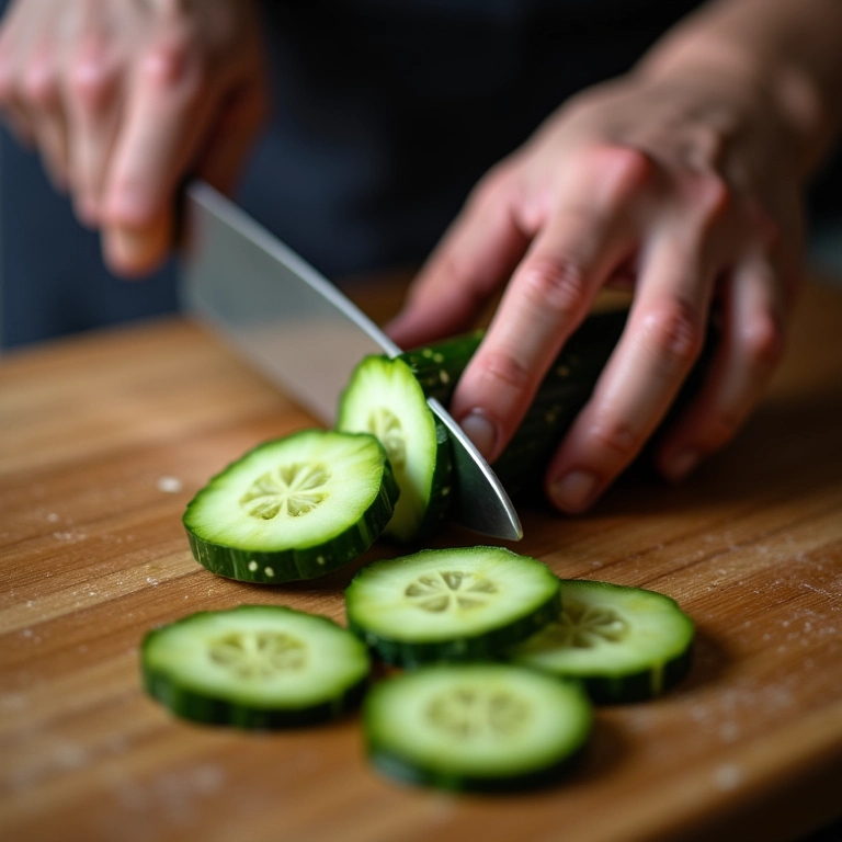 Chef demonstrando como fatiar pepino de forma uniforme e segura.