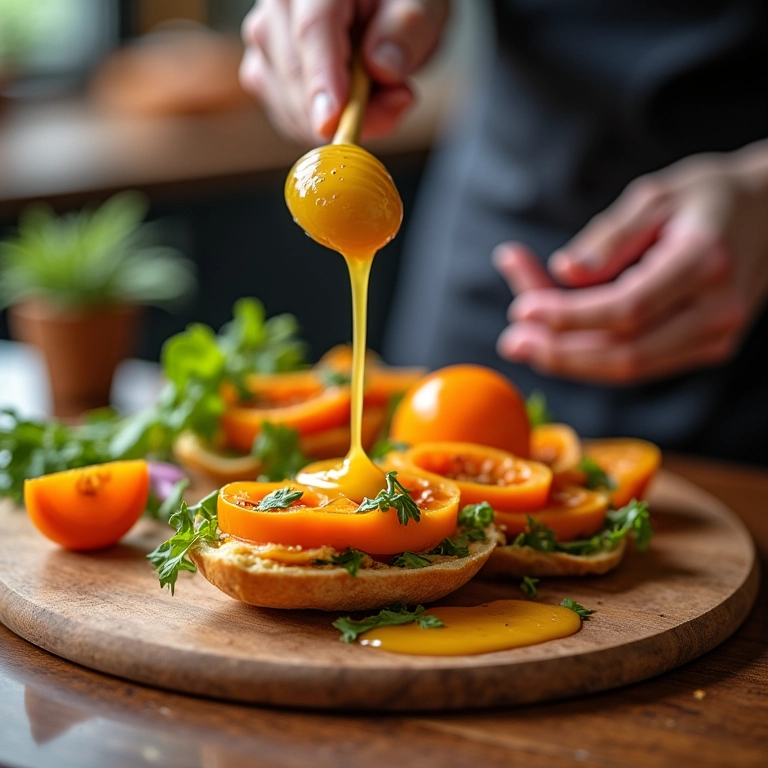 Chef equilibrando o sabor do molho de maracujá.