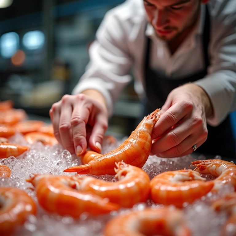 Chef escolhendo camarões frescos em mercado.
