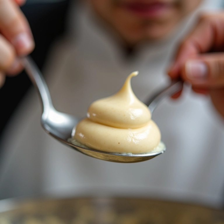 Chef especialista demonstrando a textura perfeita da mousse de chocolate.
