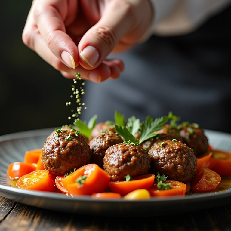 Chef finalizando bolinho de carne com ervas.