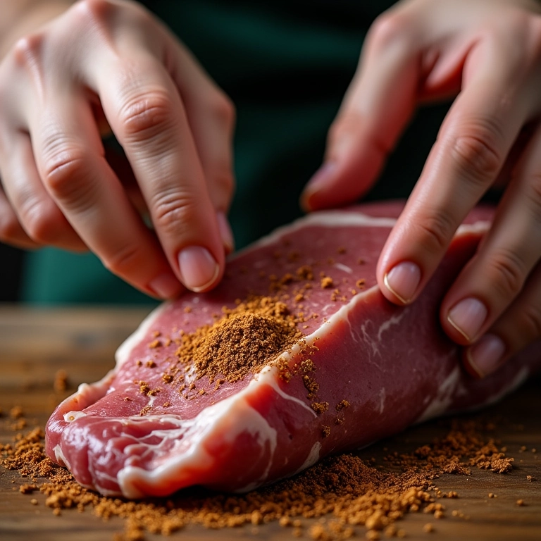 Chef temperando carne com especiarias.
