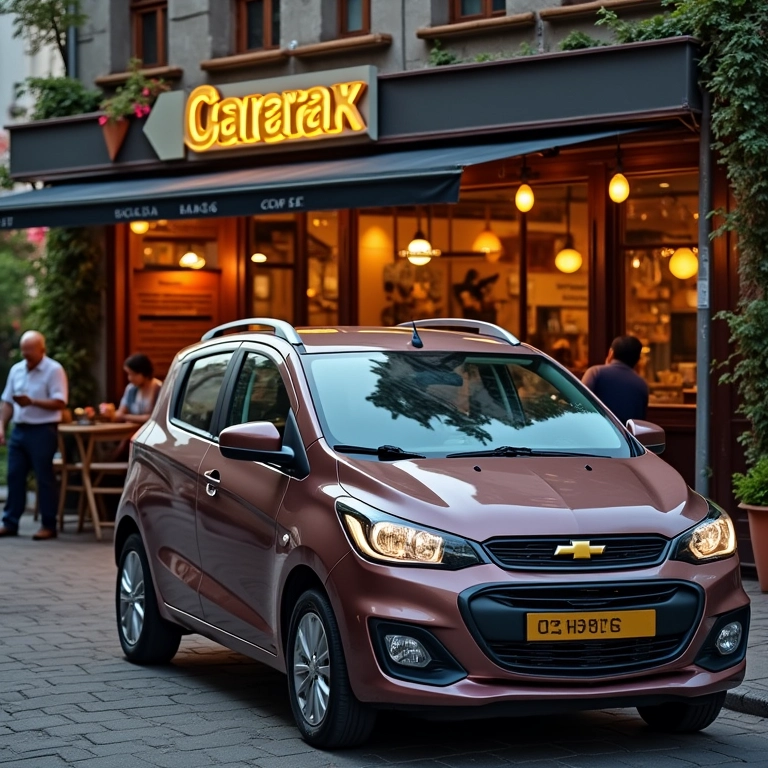 Chevrolet Onix estacionado próximo a cafeteria no Brasil, motorista usando app.