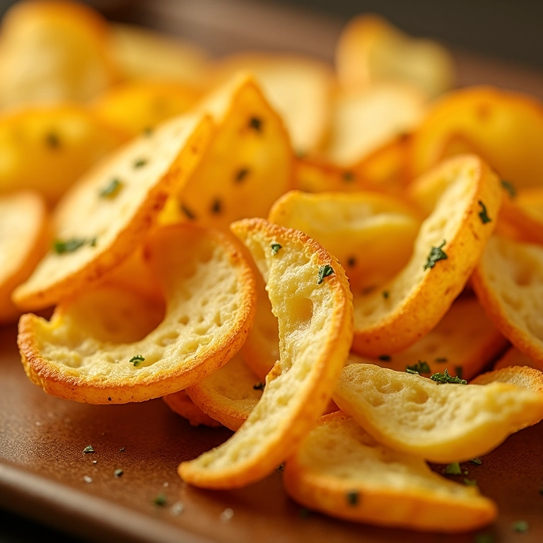 Chips crocantes de chuchu assado, temperados com ervas.