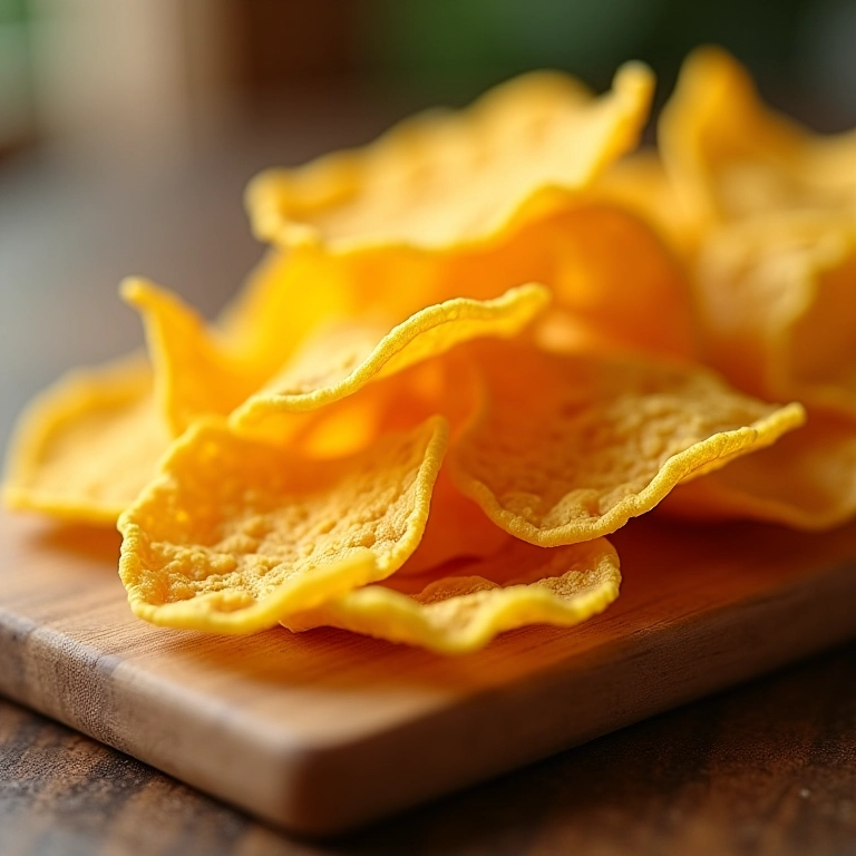 Chips de jiló crocantes em tábua de madeira.